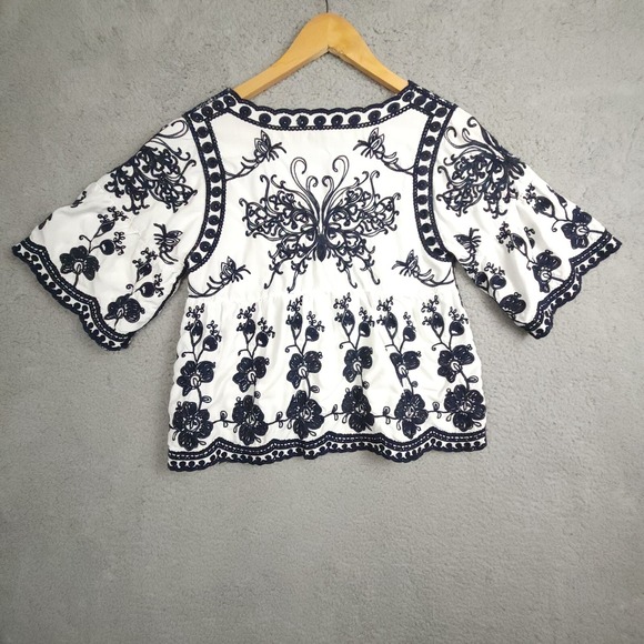 Indigo Poppy Shirt Womens small embroidered Baby Doll Boho Chic - Picture 2 of 6